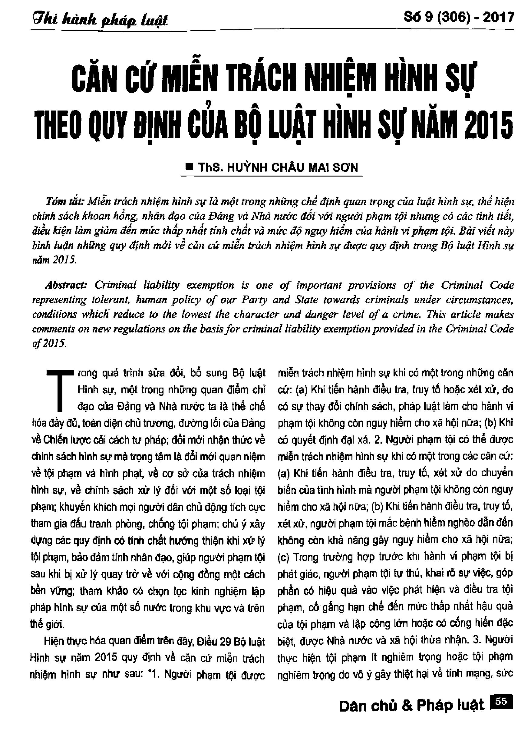 Căn cứ miễn trách nhiệm hình sự theo quy định của Bộ luật hình sự năm 2015