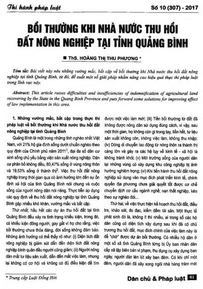 Bồi thường khi Nhà nước thu hồi đất nông nghiệp tại tỉnh Quảng Bình