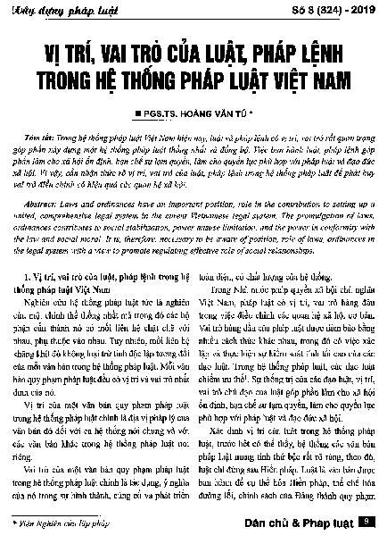 Vị trí, vai trò của luật, pháp lệnh trong hệ thống pháp luật Việt Nam