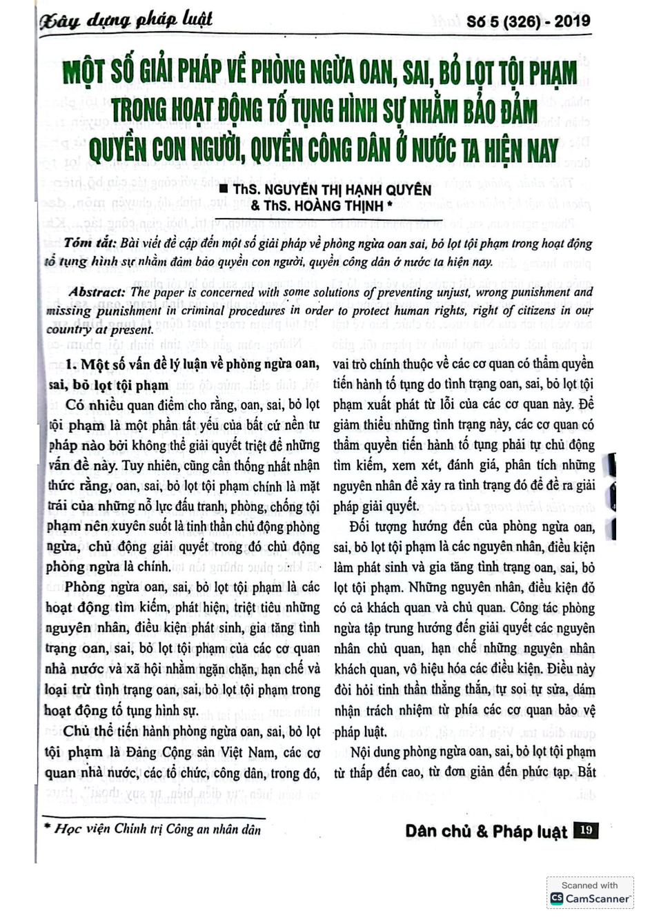 Một số giải pháp về phòng ngừa oan, sai, bỏ lọt tội phạm trong hoạt động tố tụng hình sự nhằm bảo đảm quyền con người, quyền công dân ở nước ta hiện nay