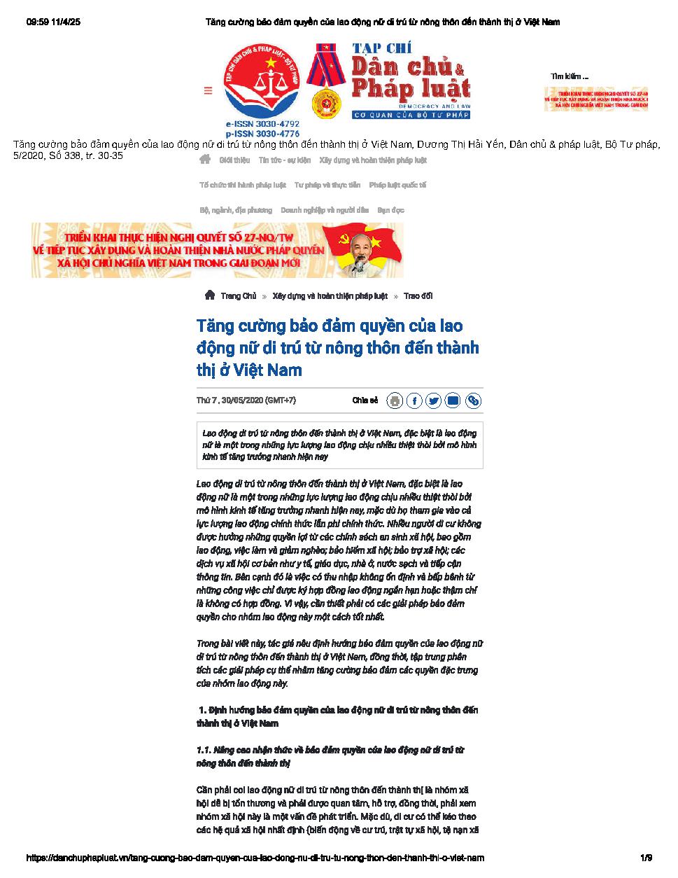 Tăng cường bảo đảm quyền của lao động nữ di trú từ nông thôn đến thành thị ở Việt Nam