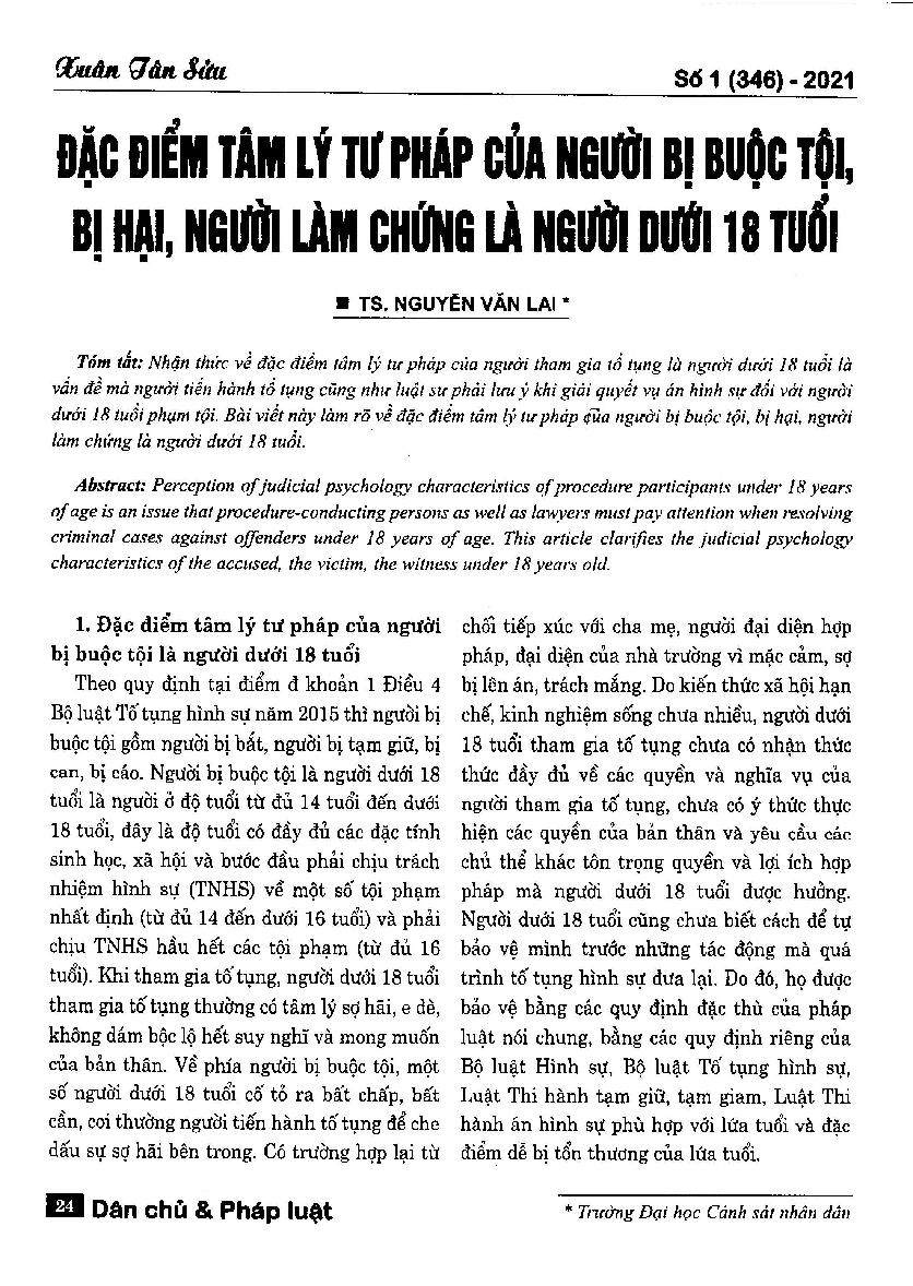 Đặc điểm tâm lý tư pháp của người bị buộc tội, bị hại, người làm chứng là người dưới 18 tuổi