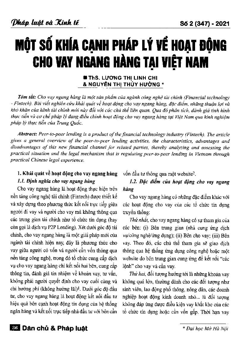 Một số khía cạnh pháp lý về hoạt động cho vay ngang hàng tại Việt Nam