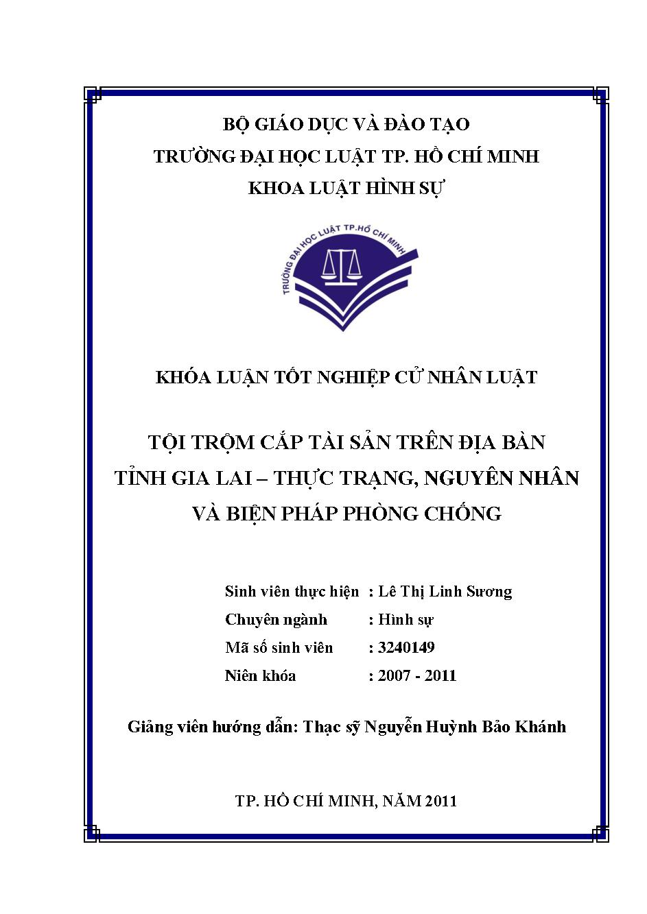 Tội trộm cắp tài sản trên địa bàn tỉnh Gia Lai - thực trạng, nguyên nhân và biện pháp phòng chống