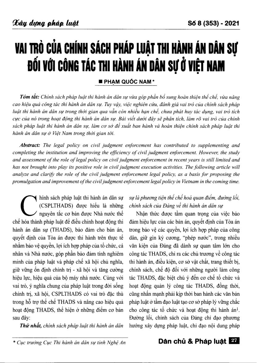 Vai trò của chính sách pháp luật thi hành án dân sự  đối với công tác thi hành án dân sự ở Việt Nam