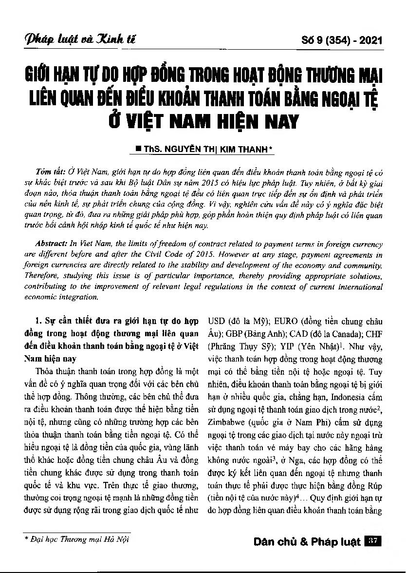 Giới hạn tự do hợp đồng trong hoạt động thương mại liên quan đến điều khoản thanh toán bằng ngoại tệ ở Việt Nam hiện nay