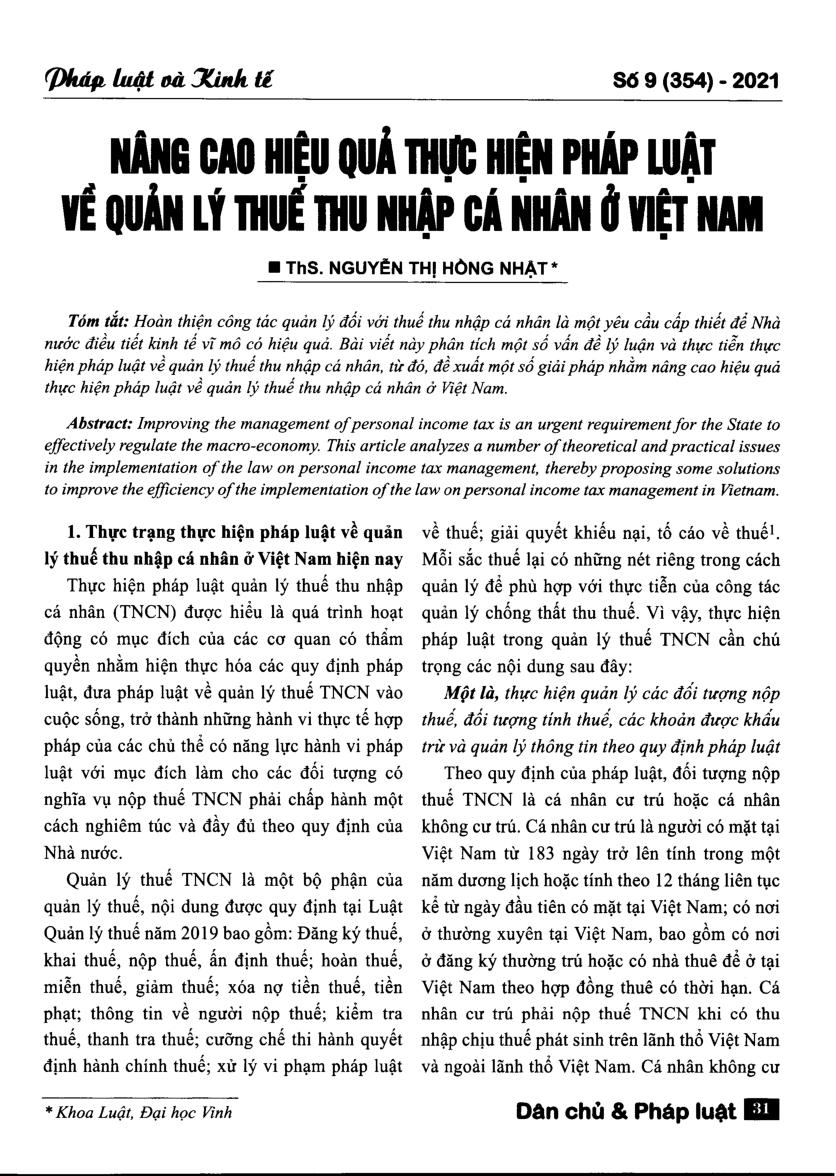 Nâng cao hiệu quả thực hiện pháp luật về quản lý thuế thu nhập cá nhân ở Việt Nam