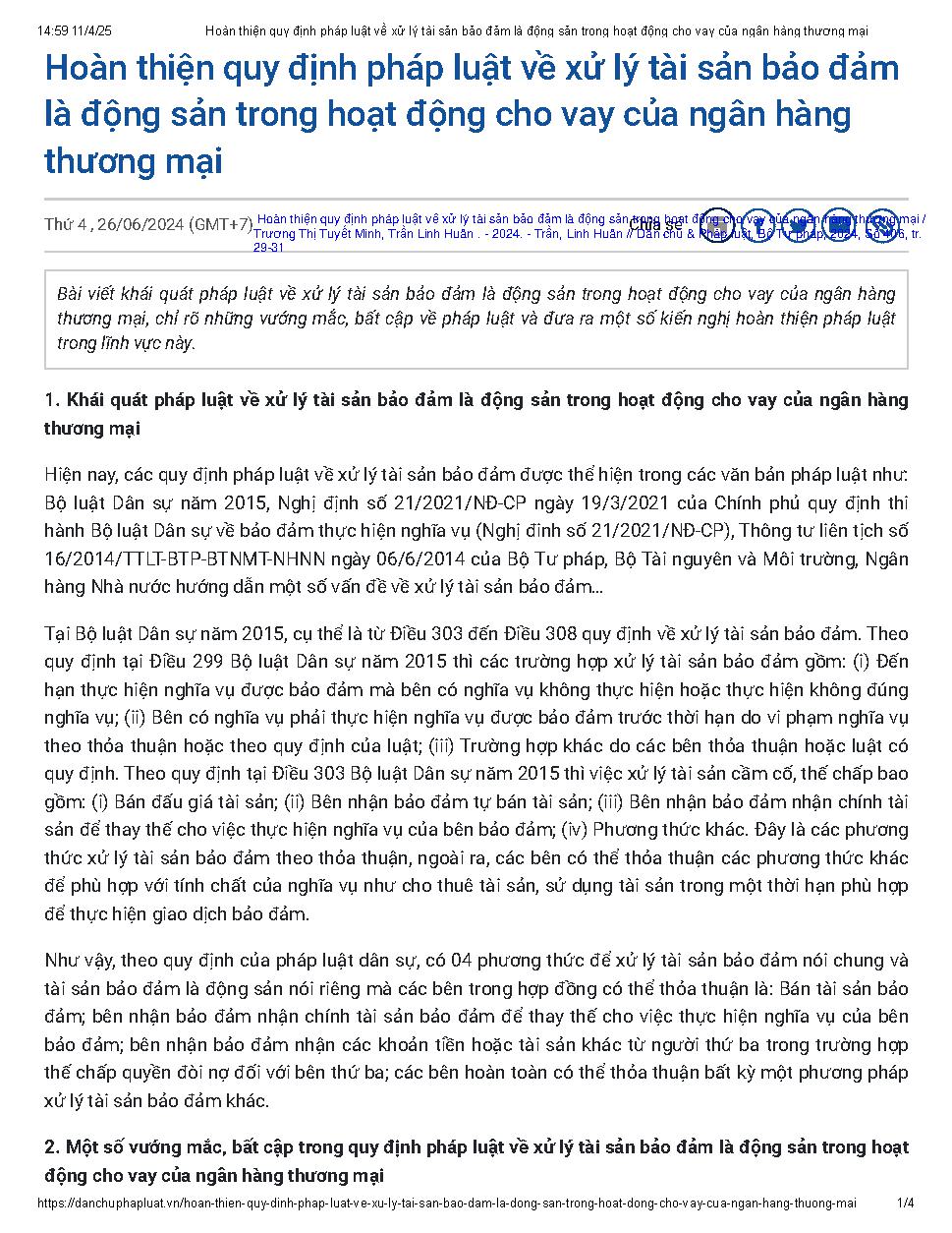 Hoàn thiện quy định pháp luật về xử lý tài sản bảo đảm là động sản trong hoạt động cho vay của ngân hàng thương mại