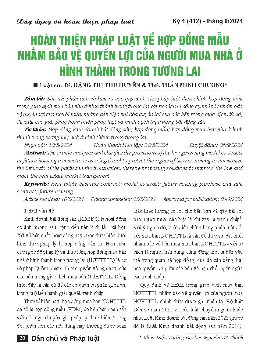 Hoàn thiện pháp luật về hợp đồng mẫu nhằm bảo vệ quyền lợi của người mua nhà ở hình thành trong tương lai