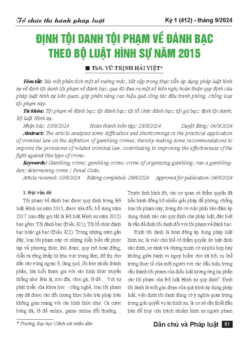 Định tội danh tội phạm về đánh bạc theo Bộ luật Hình sự năm 2015