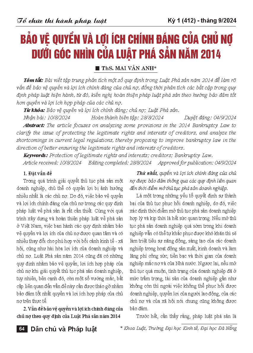 Bảo vệ quyền và lợi ích chính đáng của chủ nợ dưới góc nhìn của Luật Phá sản năm 2014