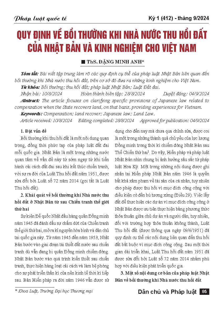 Quy định về bồi thường khi nhà nước thu hồi đất của Nhật Bản và kinh nghiệm cho Việt Nam