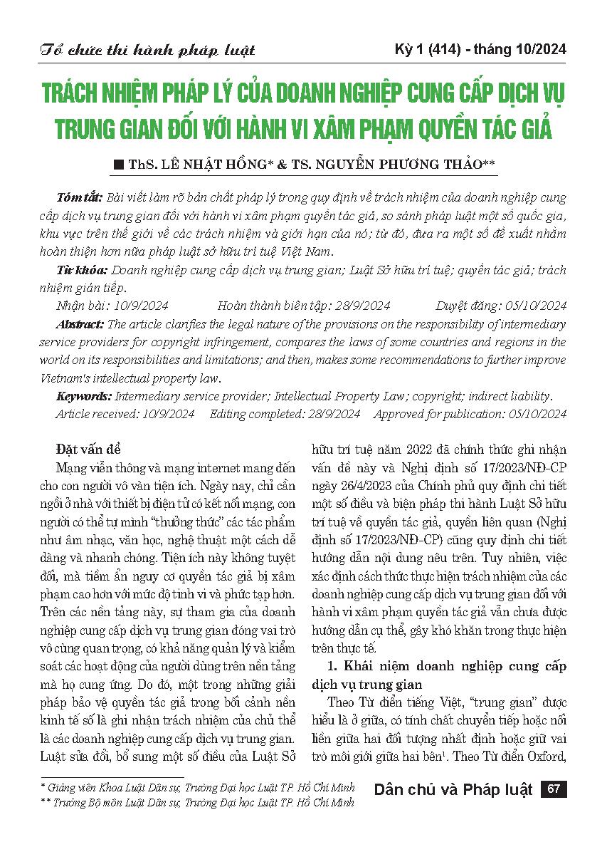 Trách nhiệm pháp lý của doanh nghiệp cung cấp dịch vụ trung gian đối với hành vi xâm phạm quyền tác giả