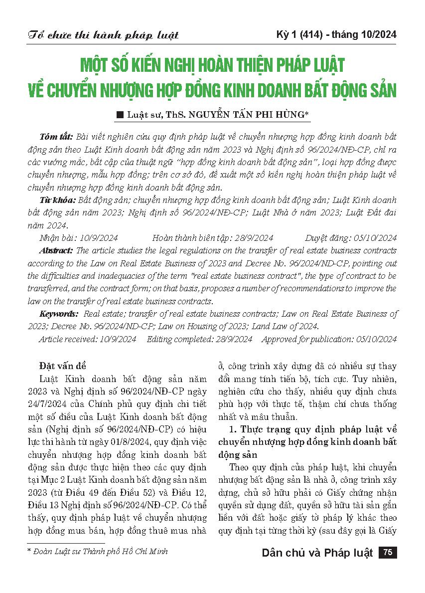 Một số kiến nghị hoàn thiện pháp luật về chuyển nhượng hợp đồng kinh doanh bất động sản