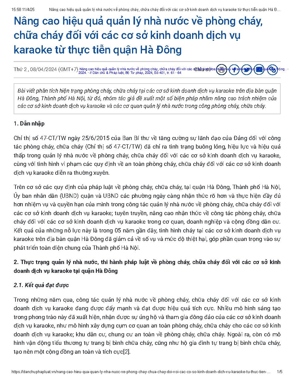Nâng cao hiệu quả quản lý nhà nước về phòng cháy, chữa cháy đối với các cơ sở kinh doanh dịch vụ karaoke từ thực tiễn quận Hà Đông