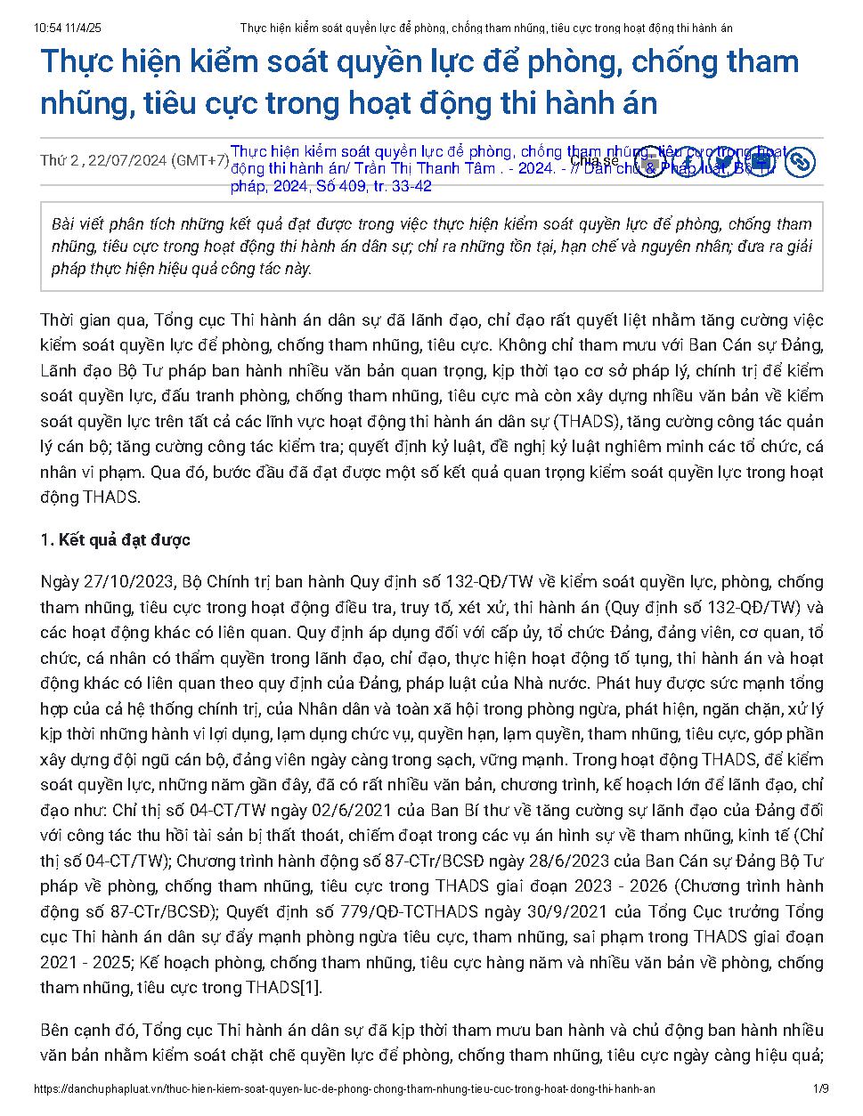 Thực hiện kiểm soát quyền lực để phòng, chống tham nhũng, tiêu cực trong hoạt động thi hành án