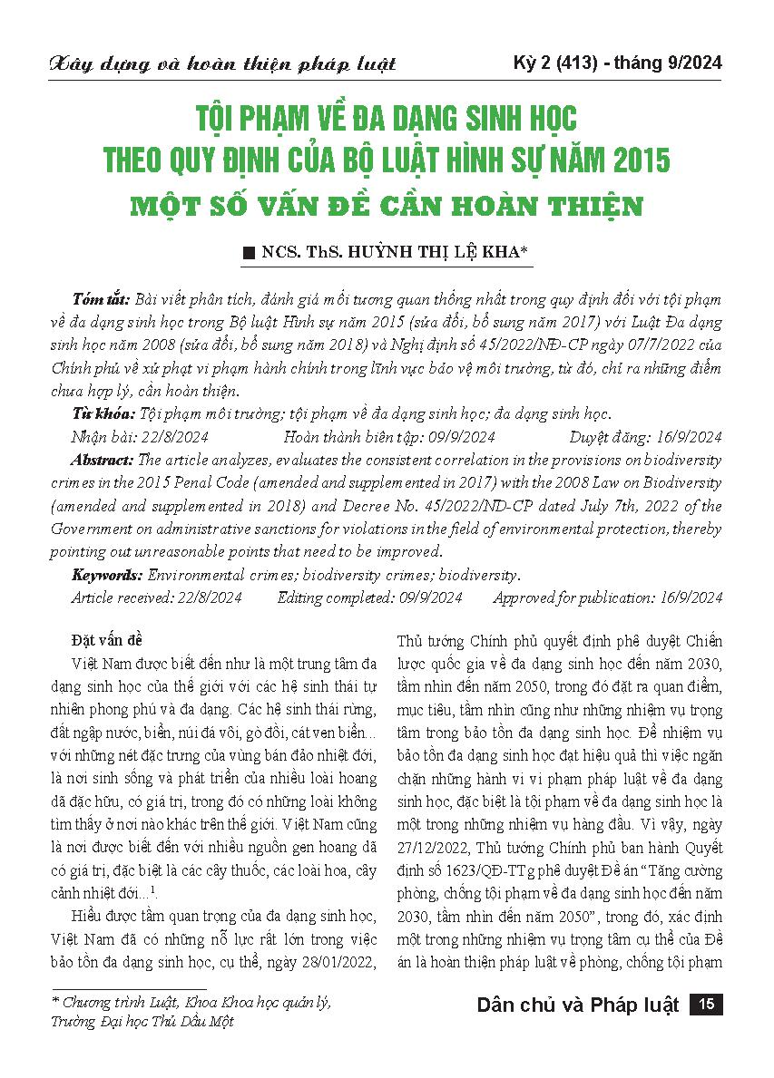 Tội phạm về đa dạng sinh học theo quy định của Bộ luật Hình sự năm 2015 - Một số vấn đề cần hoàn thiện