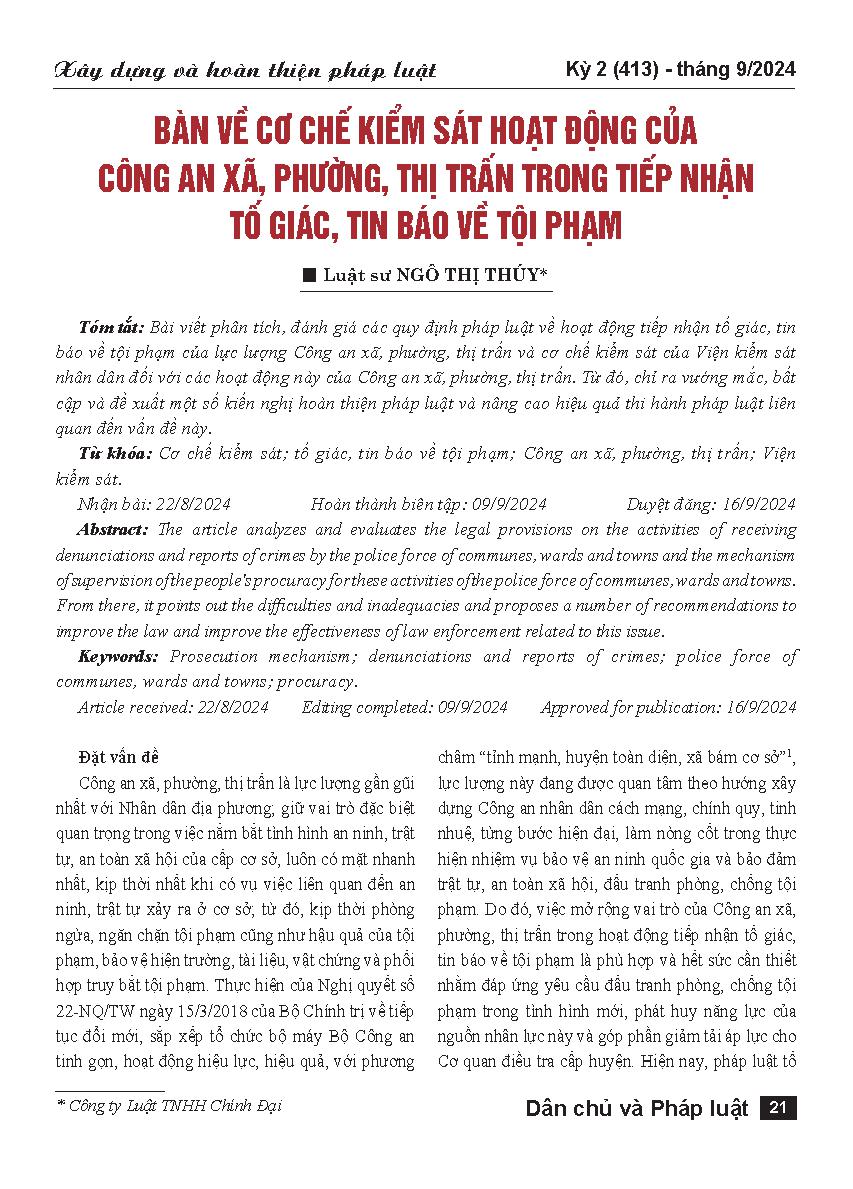 Bàn về cơ chế kiểm sát hoạt động của Công an xã, phường, thị trấn trong tiếp nhận tố giác, tin báo về tội phạm