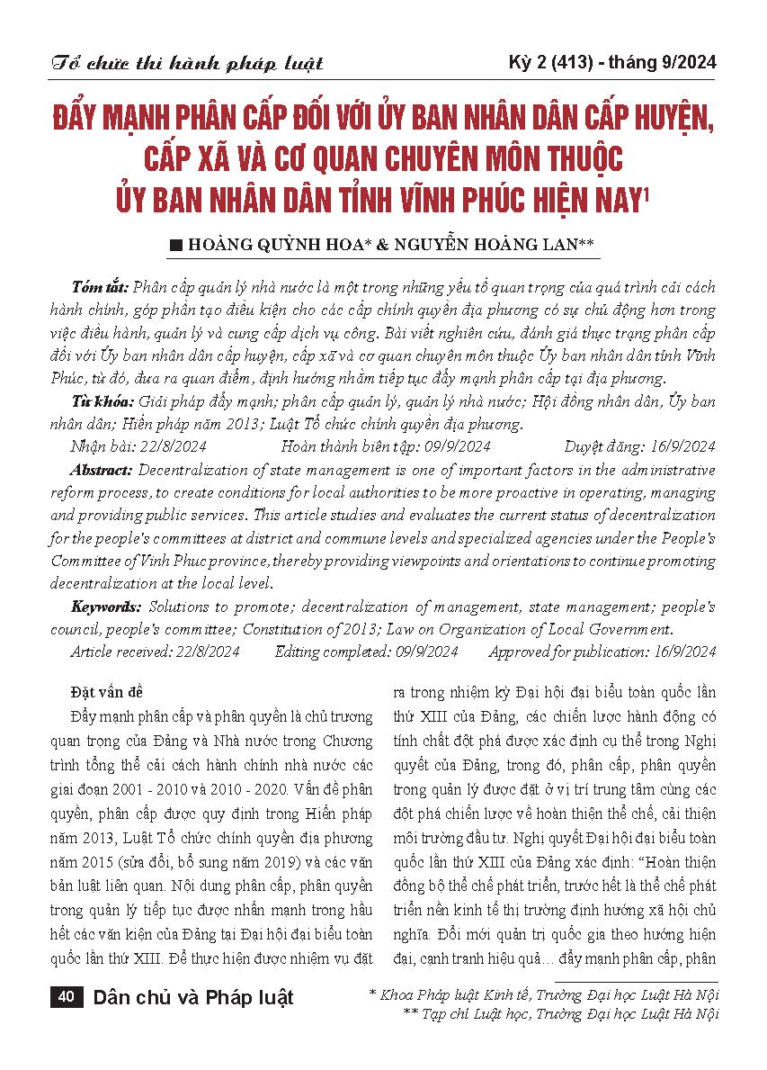 Đẩy mạnh phân cấp đối với Ủy ban nhân dân cấp huyện, cấp xã và cơ quan chuyên môn thuộc Ủy ban nhân dân tỉnh Vĩnh Phúc hiện nay