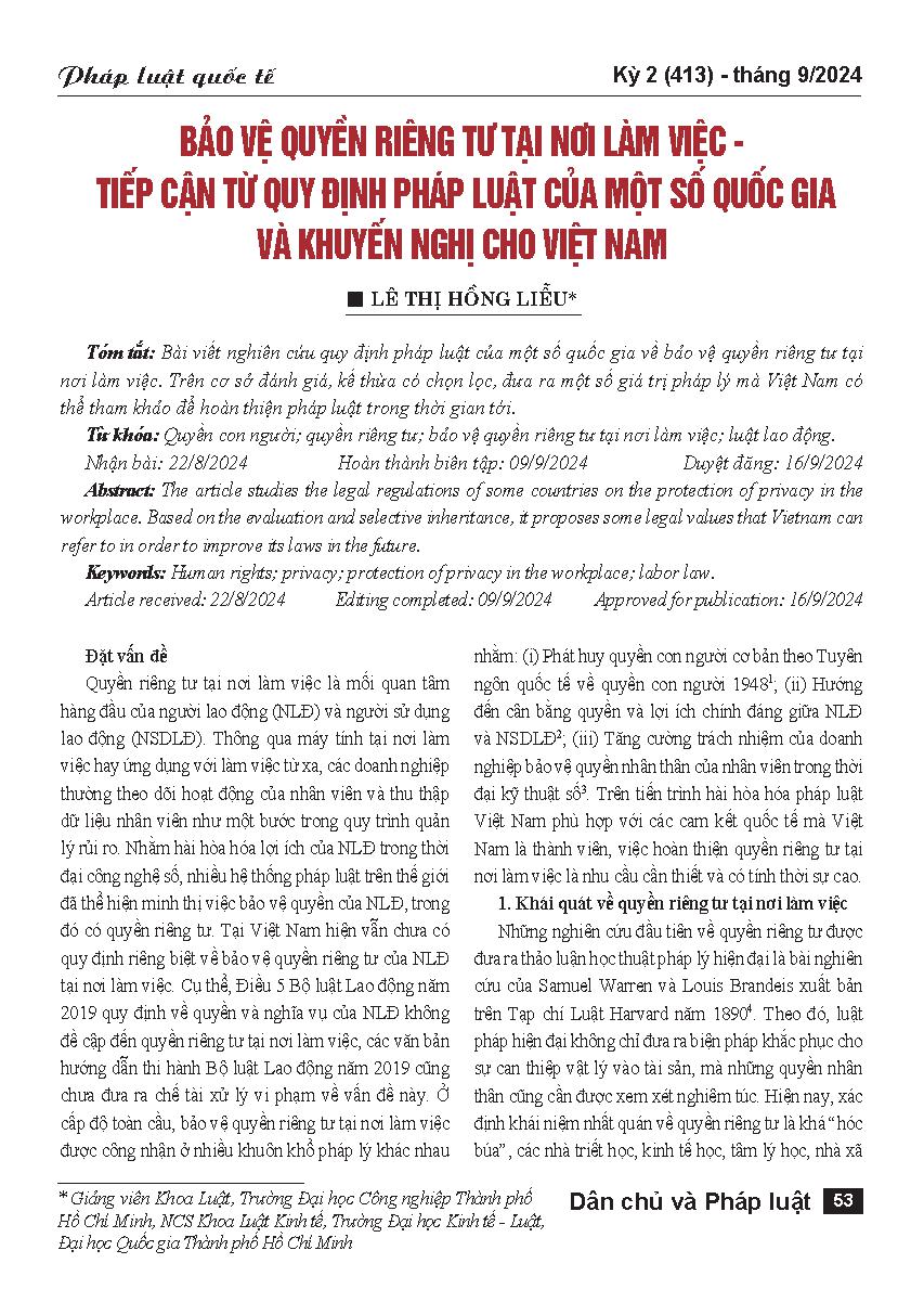 Bảo vệ quyền riêng tư tại nơi làm việc - Tiếp cận từ quy định pháp luật của một số quốc gia và khuyến nghị cho Việt Nam
