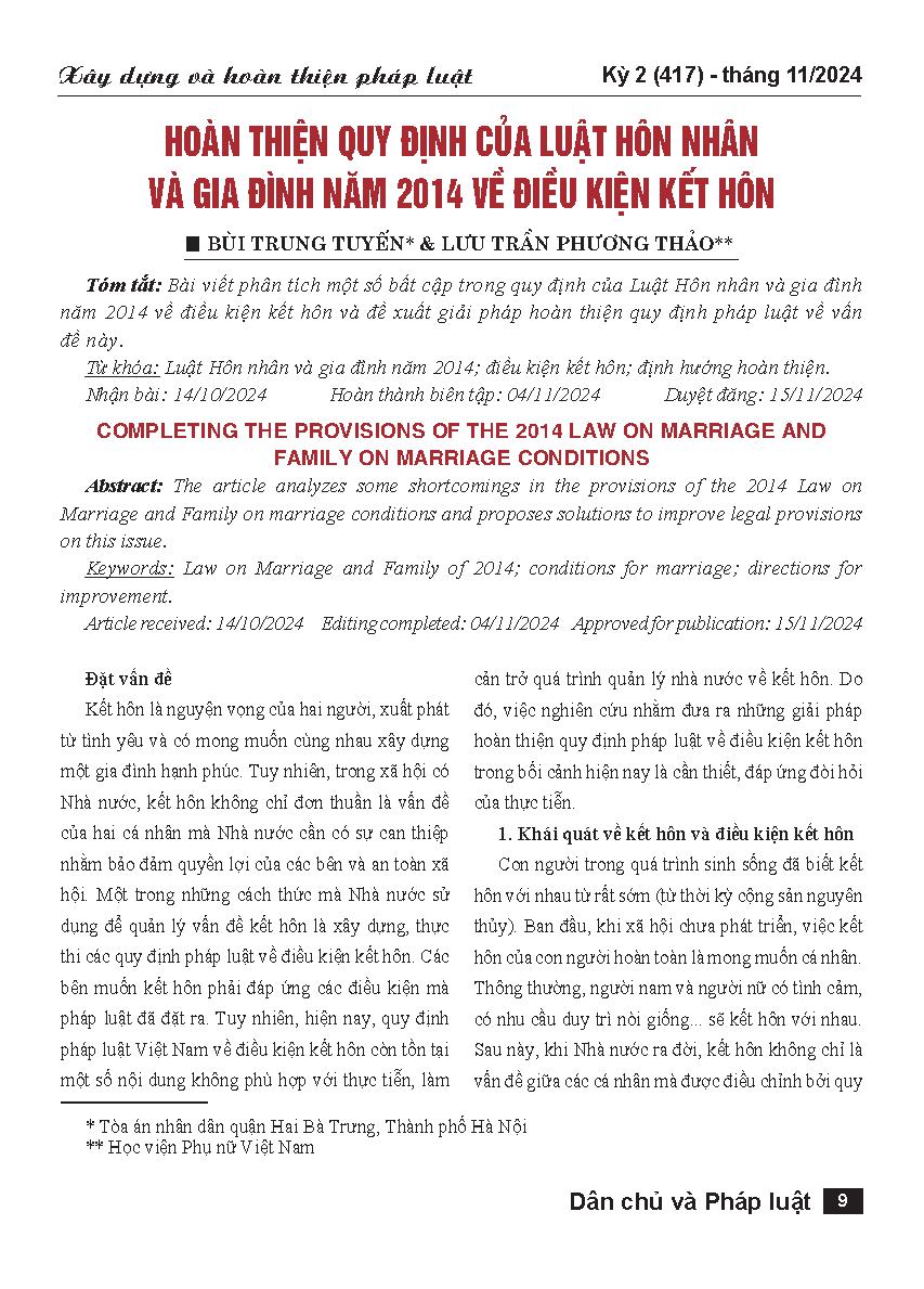 Hoàn thiện quy định của Luật Hôn nhân và gia đình năm 2014 về điều kiện kết hôn