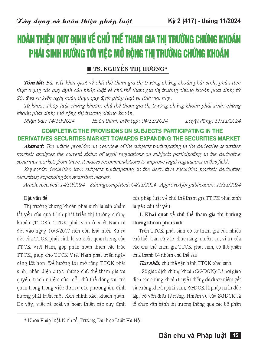 Hoàn thiện quy định về chủ thể tham gia thị trường chứng khoán phái sinh hướng tới việc mở rộng thị trường chứng khoán