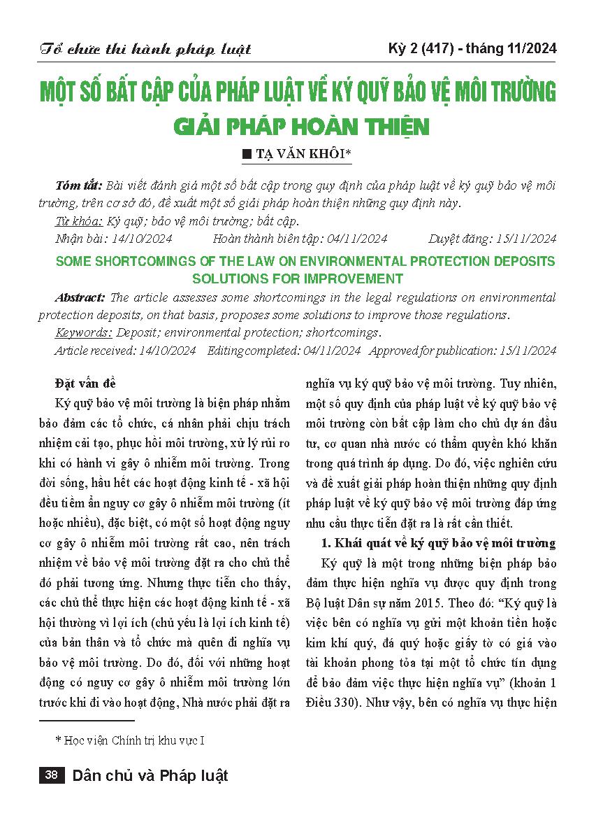 Một số bất cập của pháp luật về ký quỹ bảo vệ môi trường - Giải pháp hoàn thiện