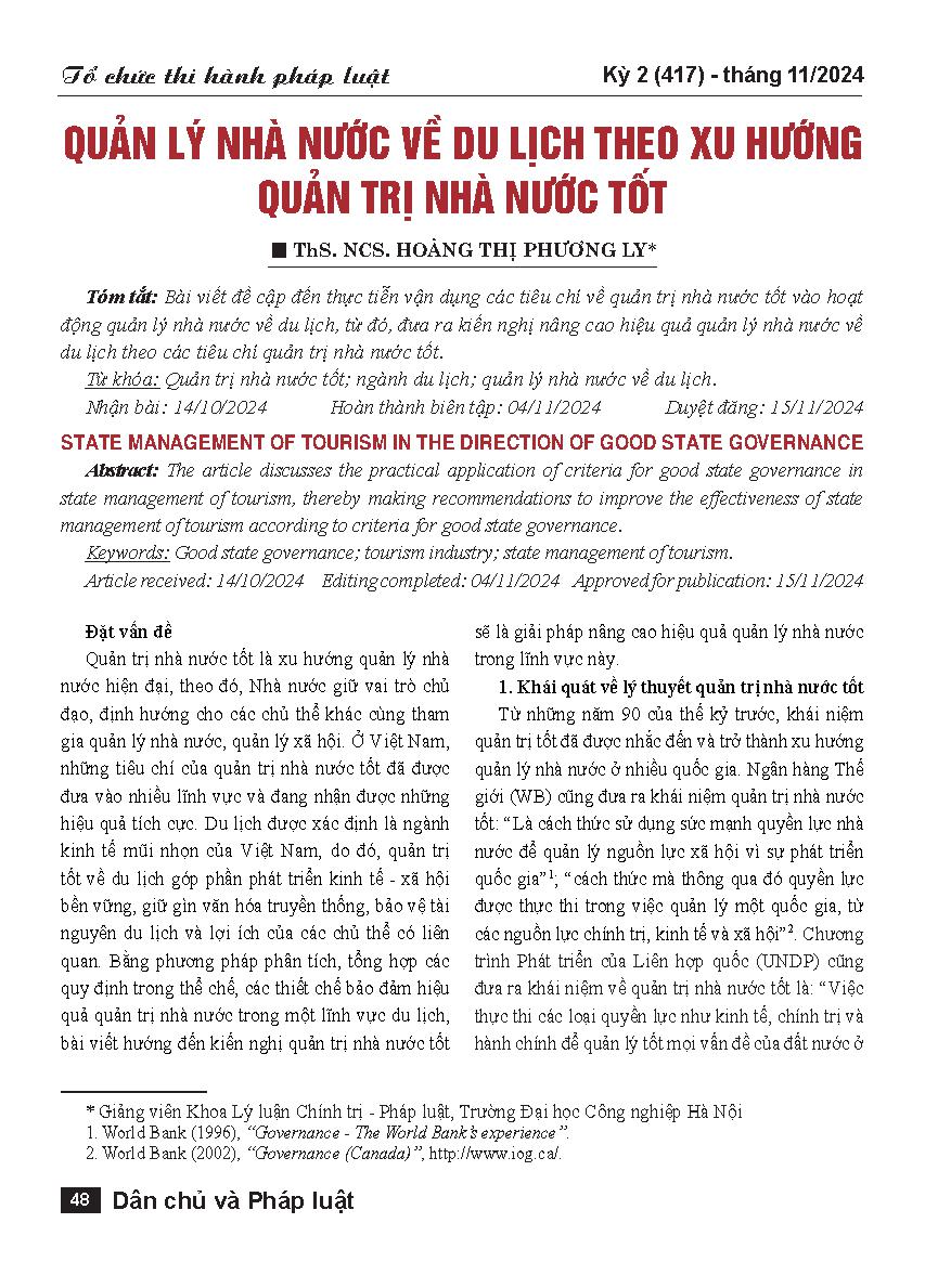 Quản lý nhà nước về du lịch theo xu hướng quản trị nhà nước tốt