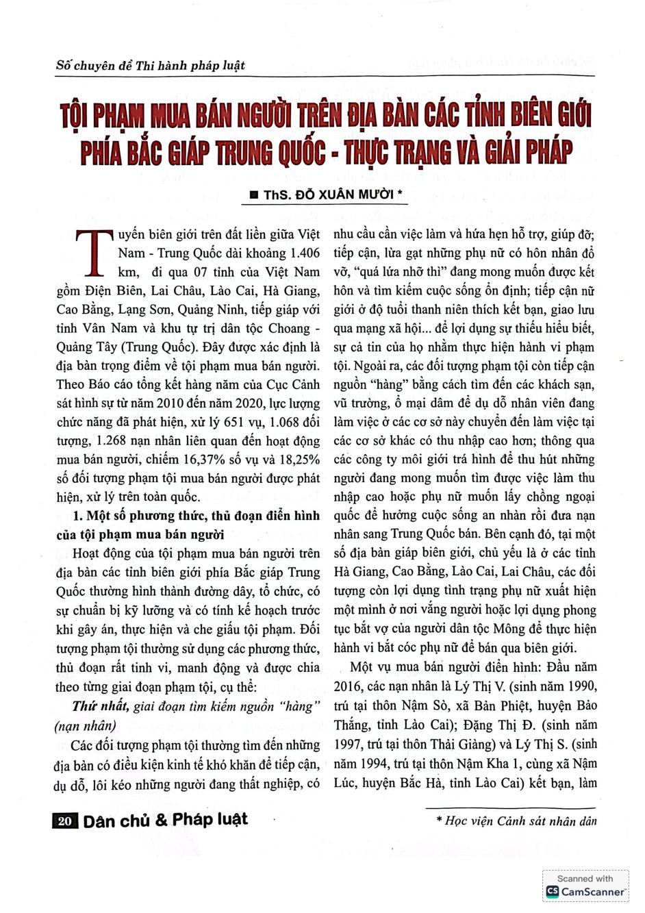 Tội phạm mua bán người trên địa bàn các tỉnh biên giới phía bắc giáp Trung Quốc - Thực trạng và giải pháp