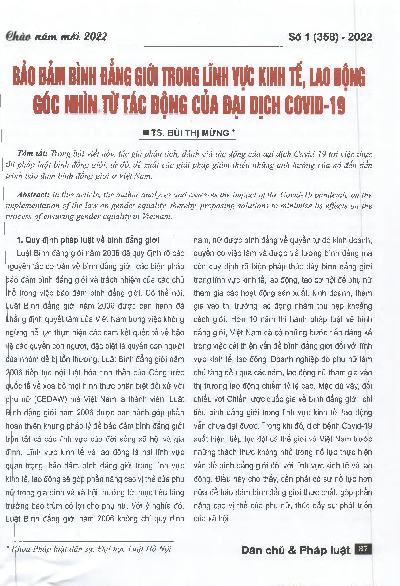Bảo đảm bình đẳng giới trong lĩnh vực kinh tế, lao động góc nhìn từ tác động của đại dịch covid-19