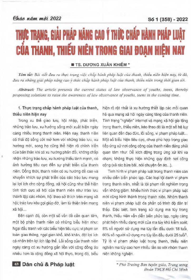 Thực trạng, giải pháp nâng cao ý thức chấp hành pháp luật của thanh, thiếu niên trong giai đoạn hiện nay