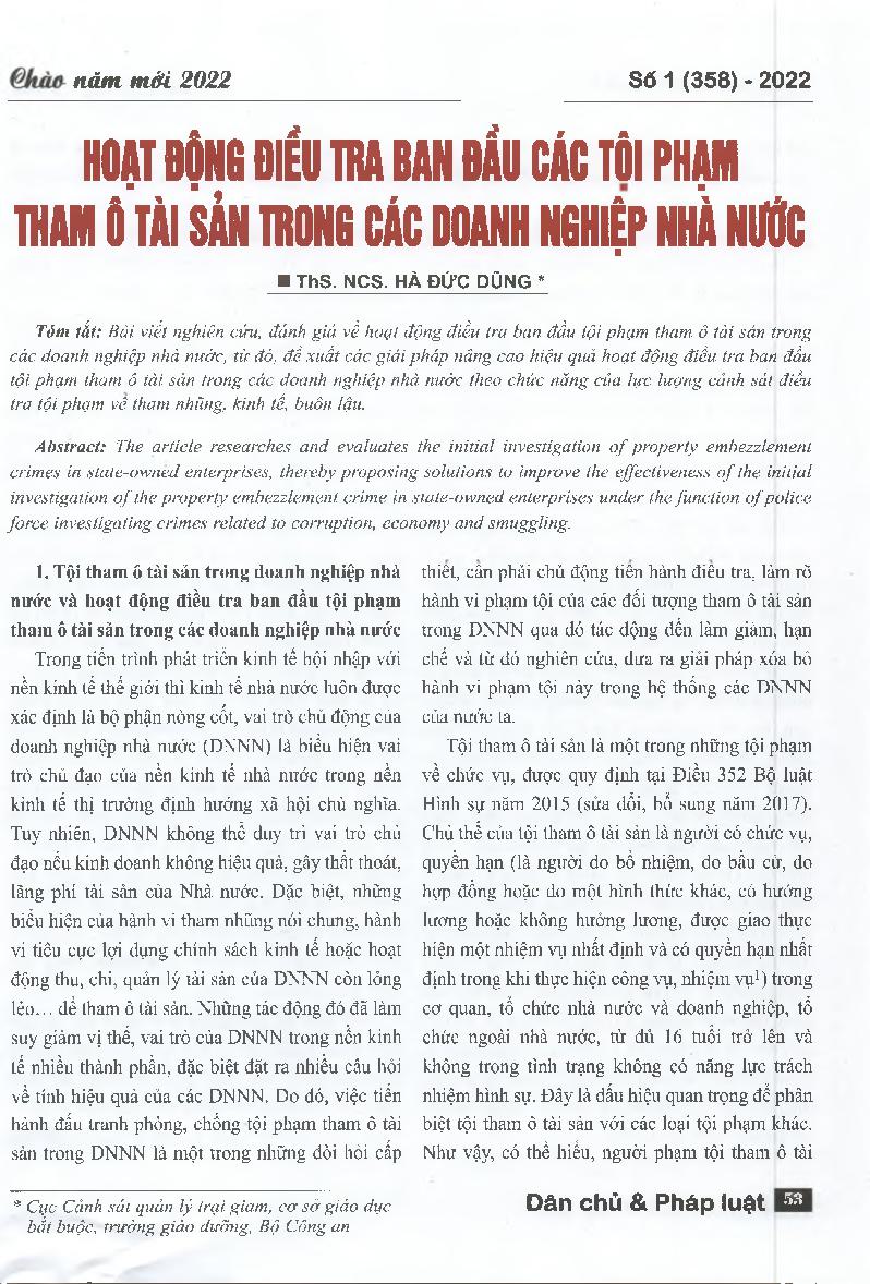 Hoạt động điều tra ban đầu các tội phạm tham ô tài sản trong các doanh nghiệp nhà nước