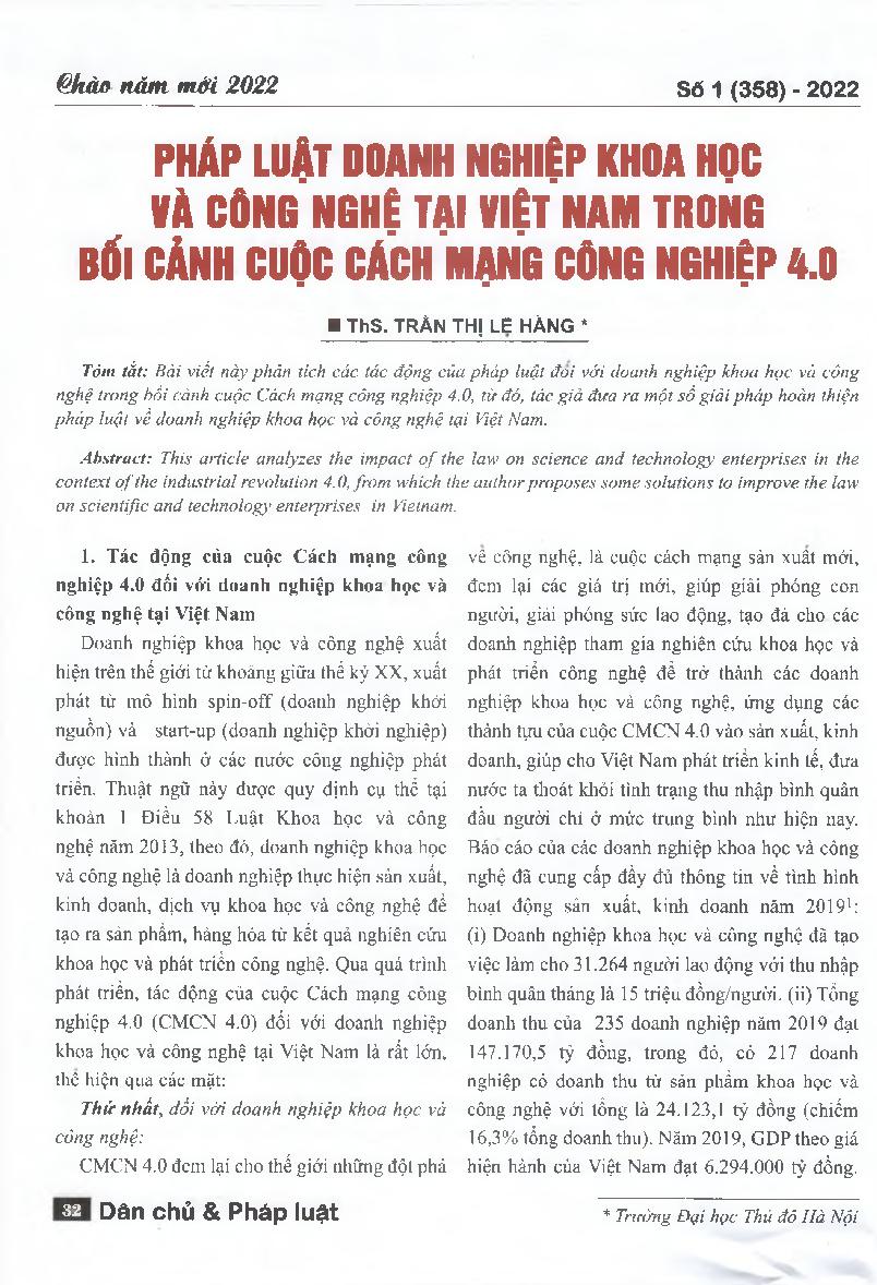 Pháp luật doanh nghiệp khoa học và công nghệ tại Việt Nam trong bối cảnh cuộc Cách mạng công nghiệp 4.0 