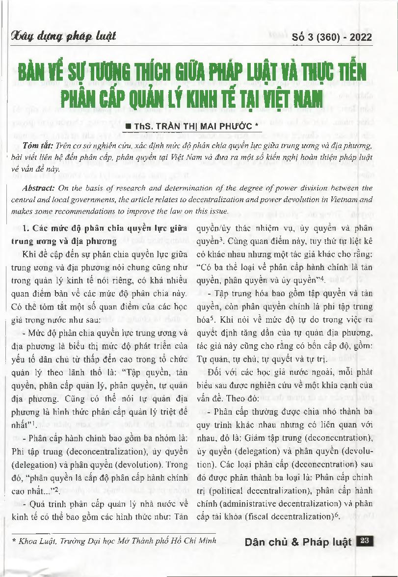 Bàn về sự tương thích giữa pháp luật và thực tiễn phân cấp quản lý kinh tế tại Việt Nam
