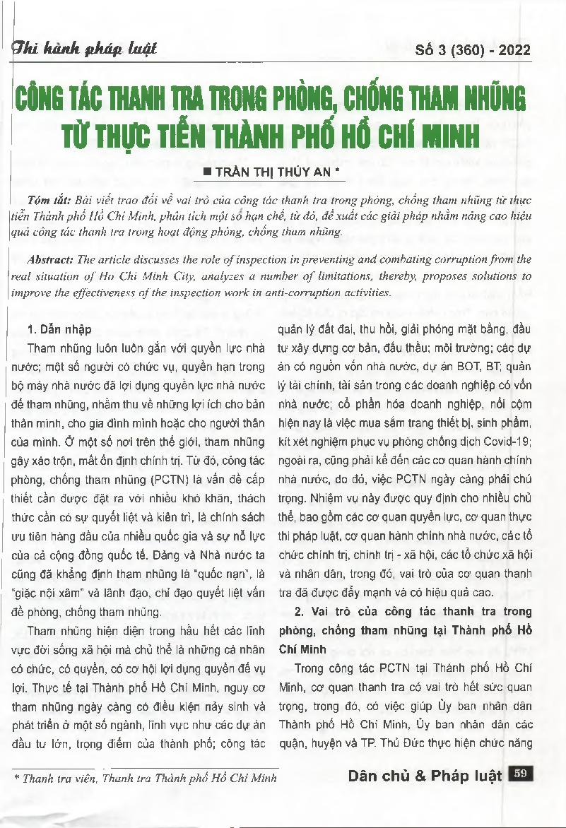 Công tác thanh tra trong phòng, chống tham nhũng từ thực tiễn Thành phố Hồ Chí Minh
