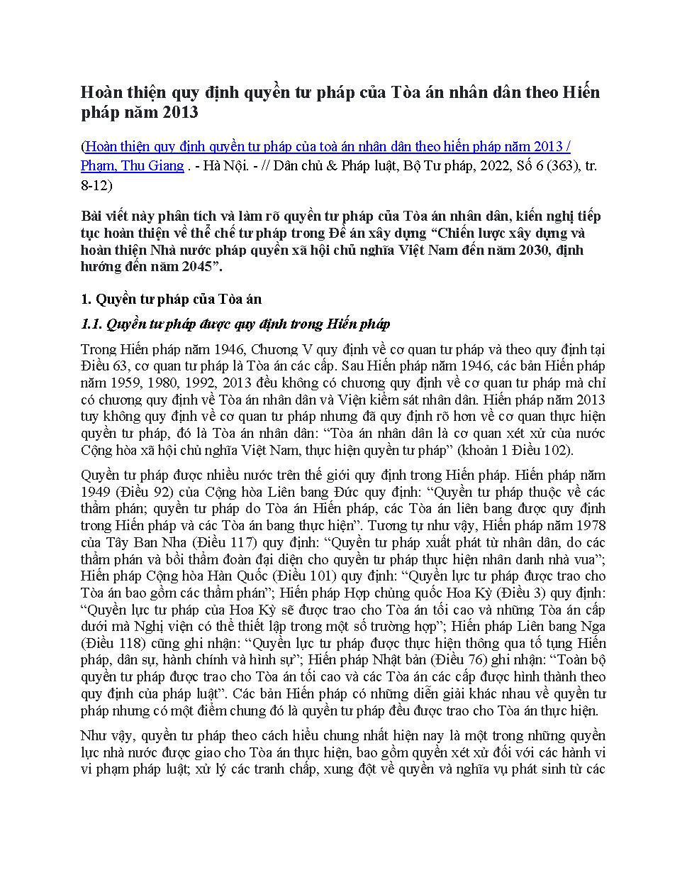 Hoàn thiện quy định quyền tư pháp của toà án nhân dân theo hiến pháp năm 2013