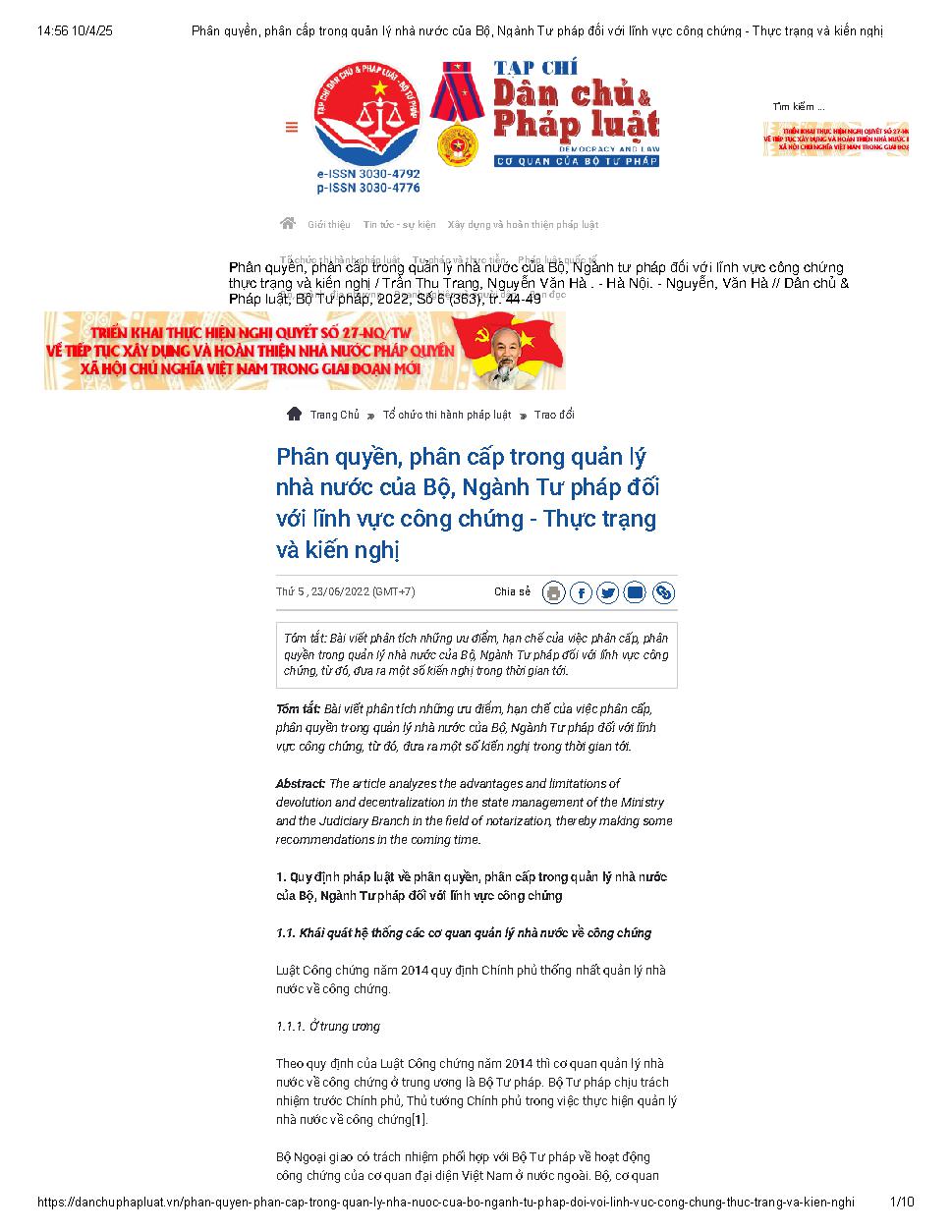 Phân quyền, phân cấp trong quản lý nhà nước của Bộ, Ngành tư pháp đối với lĩnh vực công chứng thực trạng và kiến nghị