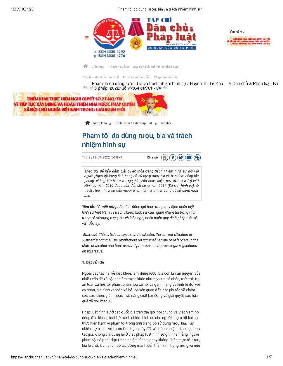 Phạm tội do dùng rượu, bia và trách nhiệm hình sự