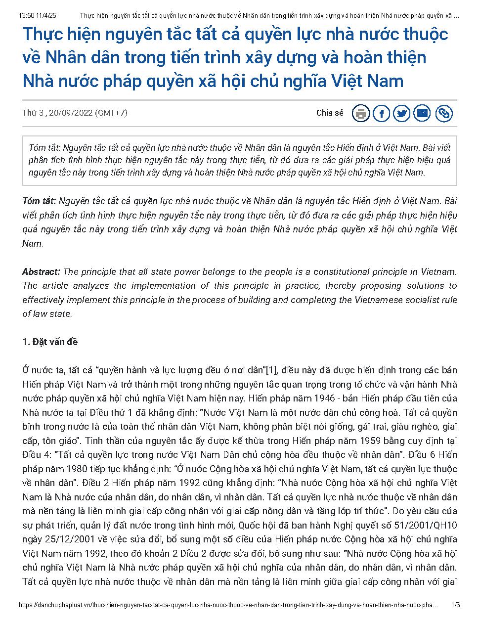 Thực hiện nguyên tắc tất cả quyền lực nhà nước thuộc về nhân dân trong tiến trình xây dựng và hoàn thiện nhà nước pháp quyền Xã hội Chủ nghĩa Việt Nam