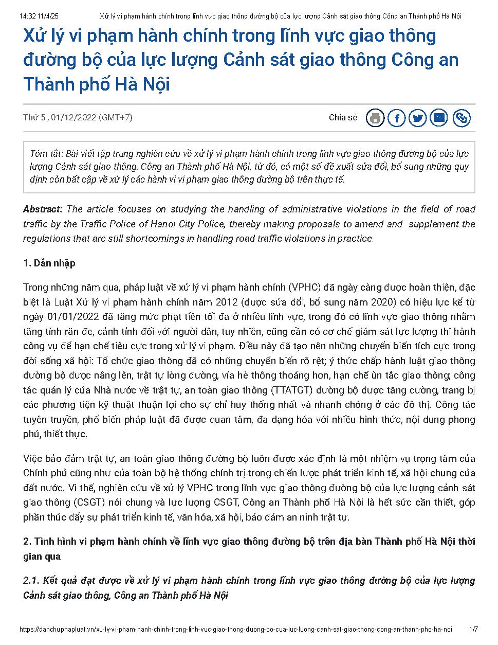 Xử lý vi phạm hành chính trong lĩnh vực giao thông đường bộ của lực lượng cảnh sát giao thông công an Thành phố Hà Nội