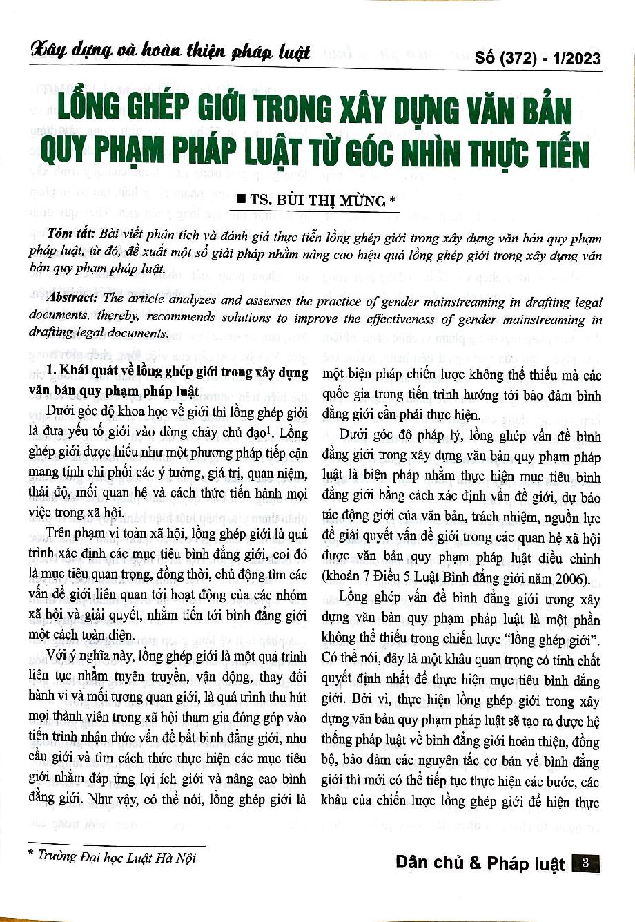Lồng ghép giới trong xây dựng văn bản quy phạm pháp luật từ góc nhìn thực tiễn