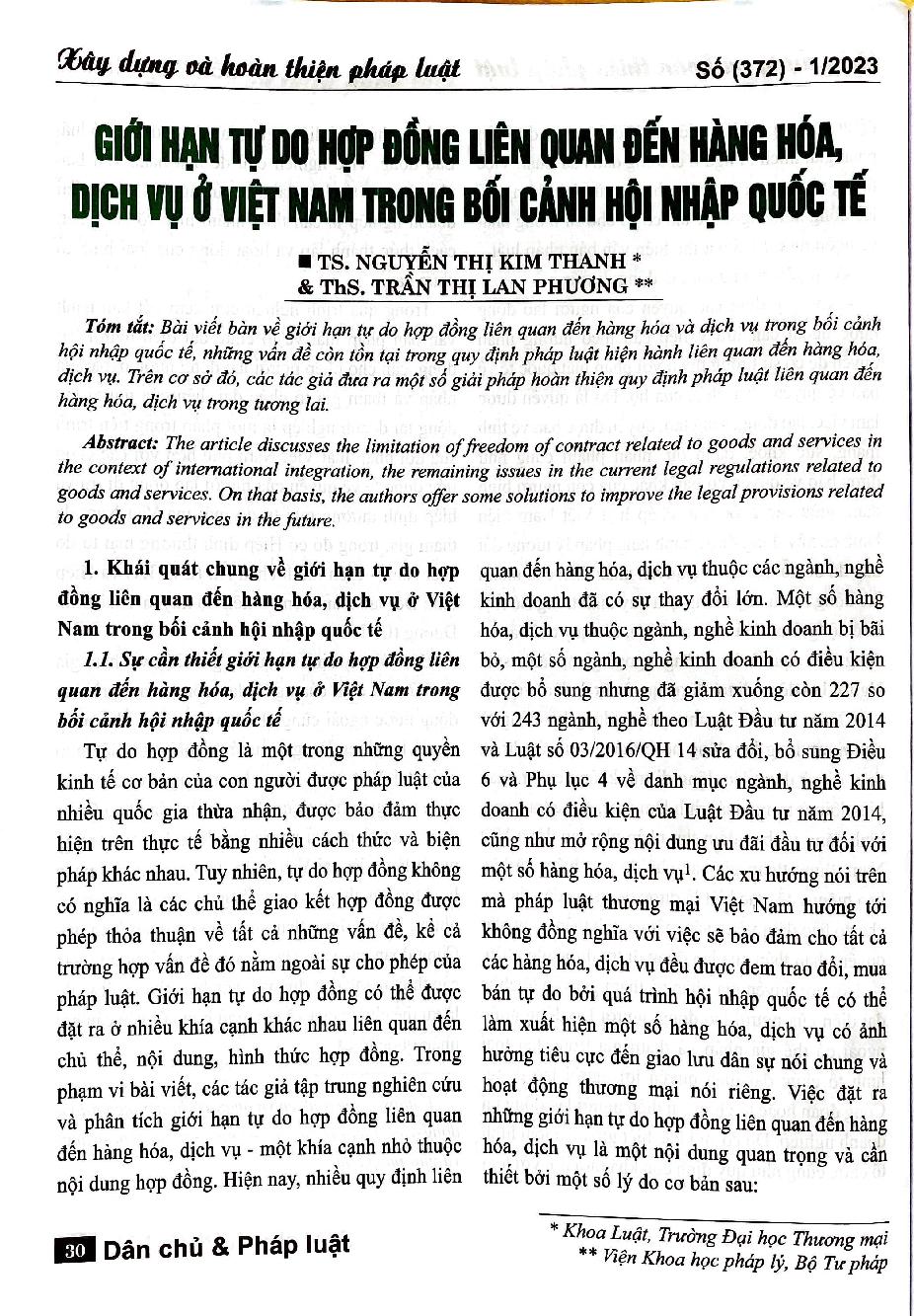 Giới hạn tự do hợp đồng liên quan đến hàng hóa, dịch vụ ở Việt Nam trong bối cảnh hội nhập quốc tế
