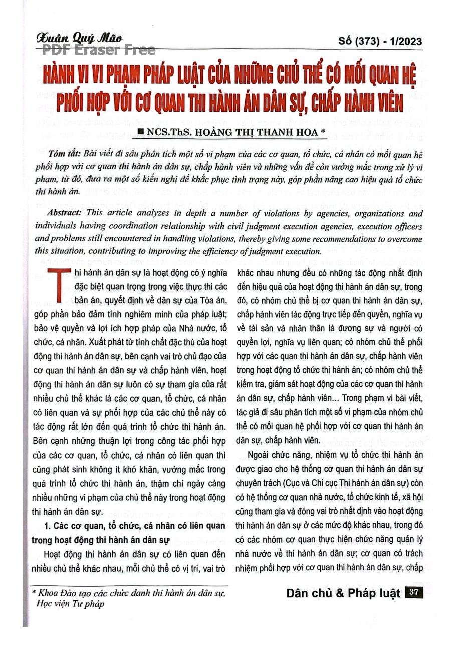 Hành vi vi phạm pháp luật của những chủ thể có mối quan hệ phối hợp với cơ quan thi hành án dân sự, chấp hành viên