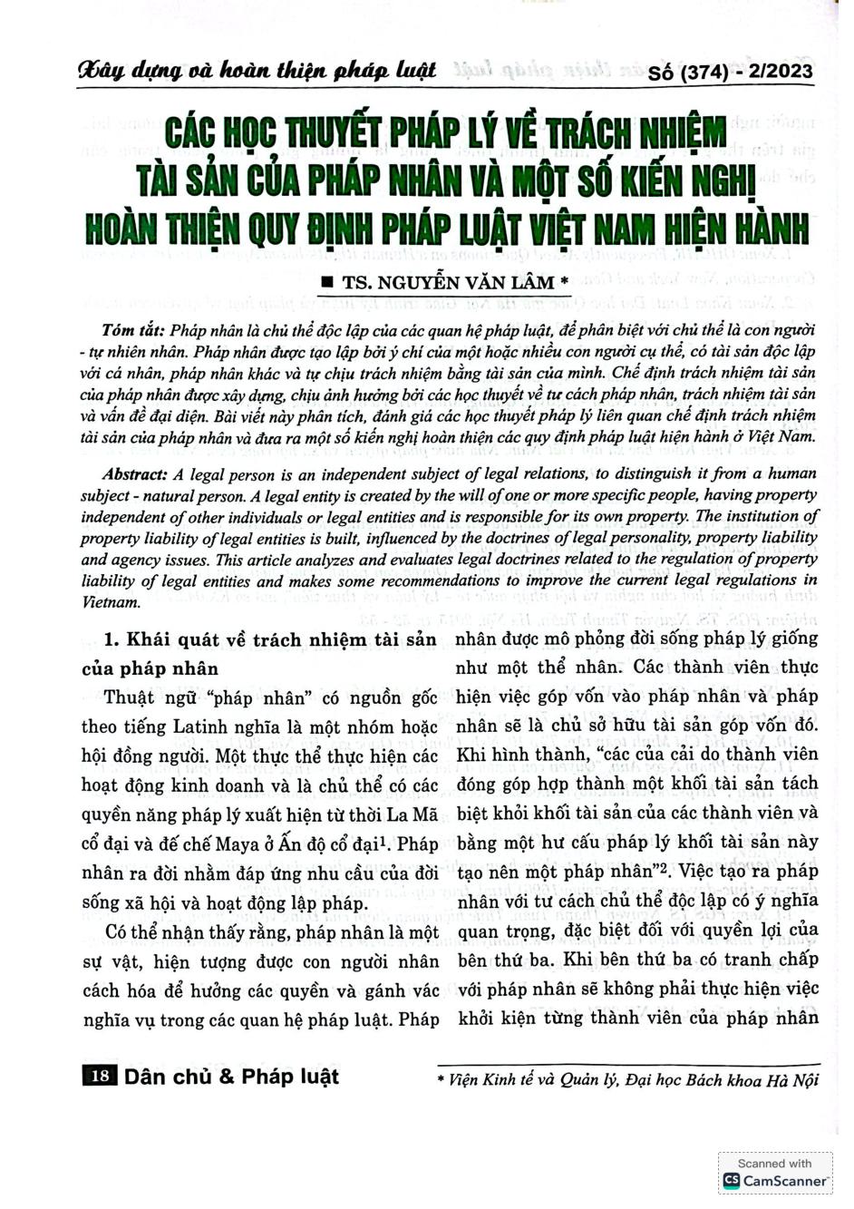 Các học thuyết pháp lý về trách nhiệm tài sản của pháp nhân và một số kiến nghị hoàn thiện quy định pháp luật Việt Nam hiện hành
