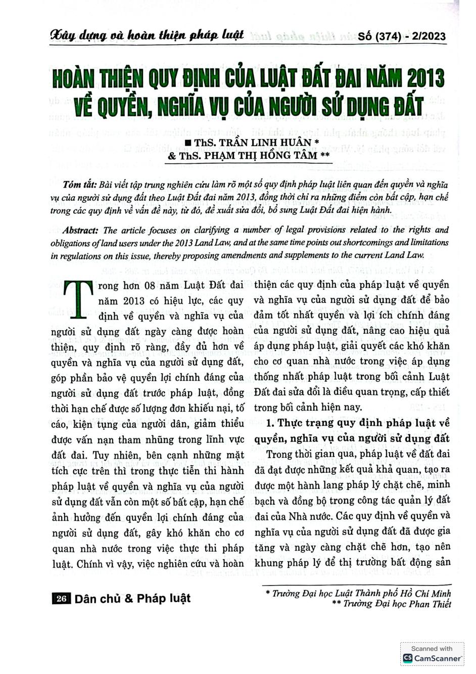 Hoàn thiện quy định của Luật Đất đai năm 2013 về quyền, nghĩa vụ của người sử dụng đất