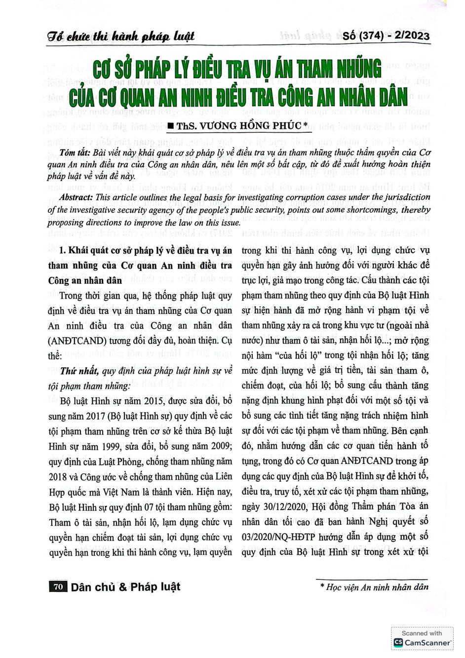 Cơ sở pháp lý điều tra vụ án tham nhũng của cơ quan an ninh điều tra công an nhân dân