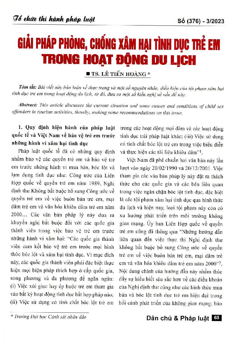 Giải pháp phòng, chống xâm hại tình dục trẻ em trong hoạt động du lịch
