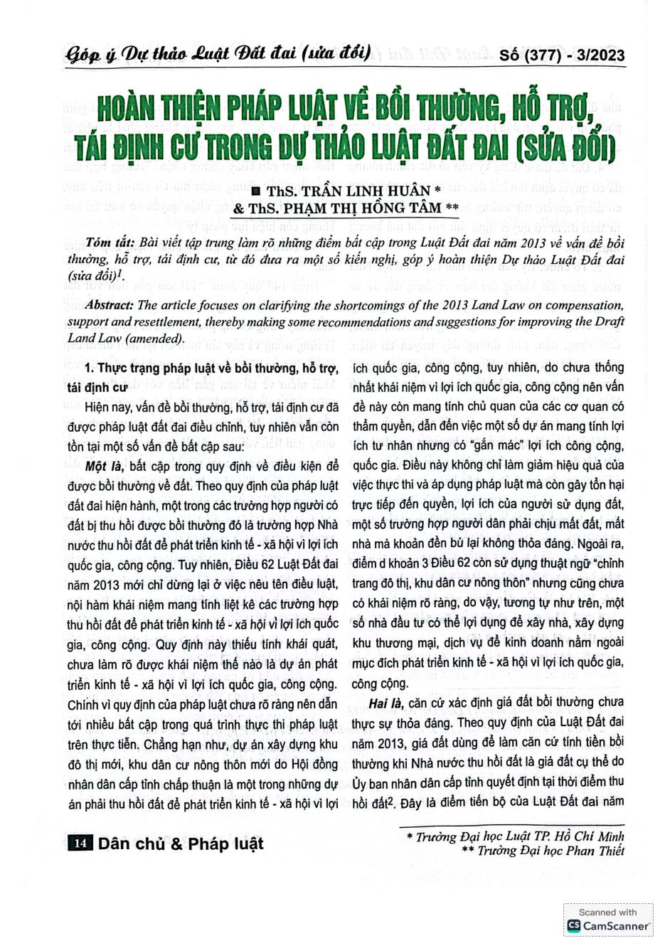 Hoàn thiện pháp luật về bồi thường, hỗ trợ, tái định cư trong Dự thảo Luật Đất đai (sửa đổi)