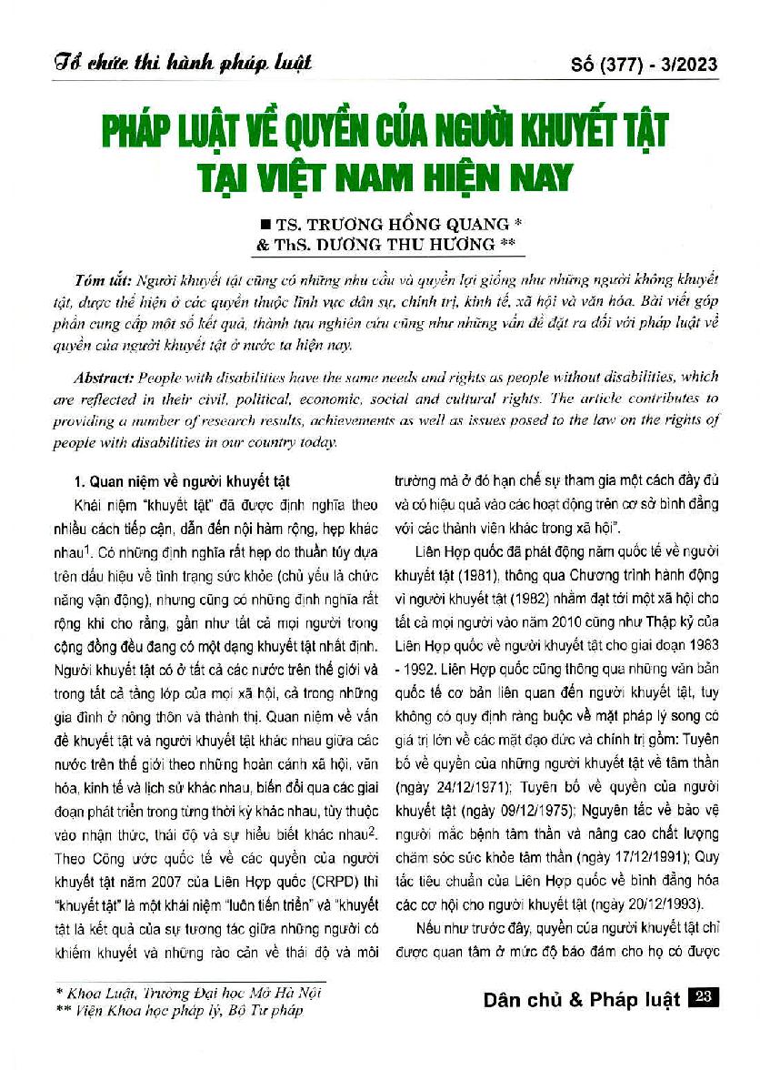 Pháp luật về quyền của người khuyết tật tại Việt Nam hiện nay