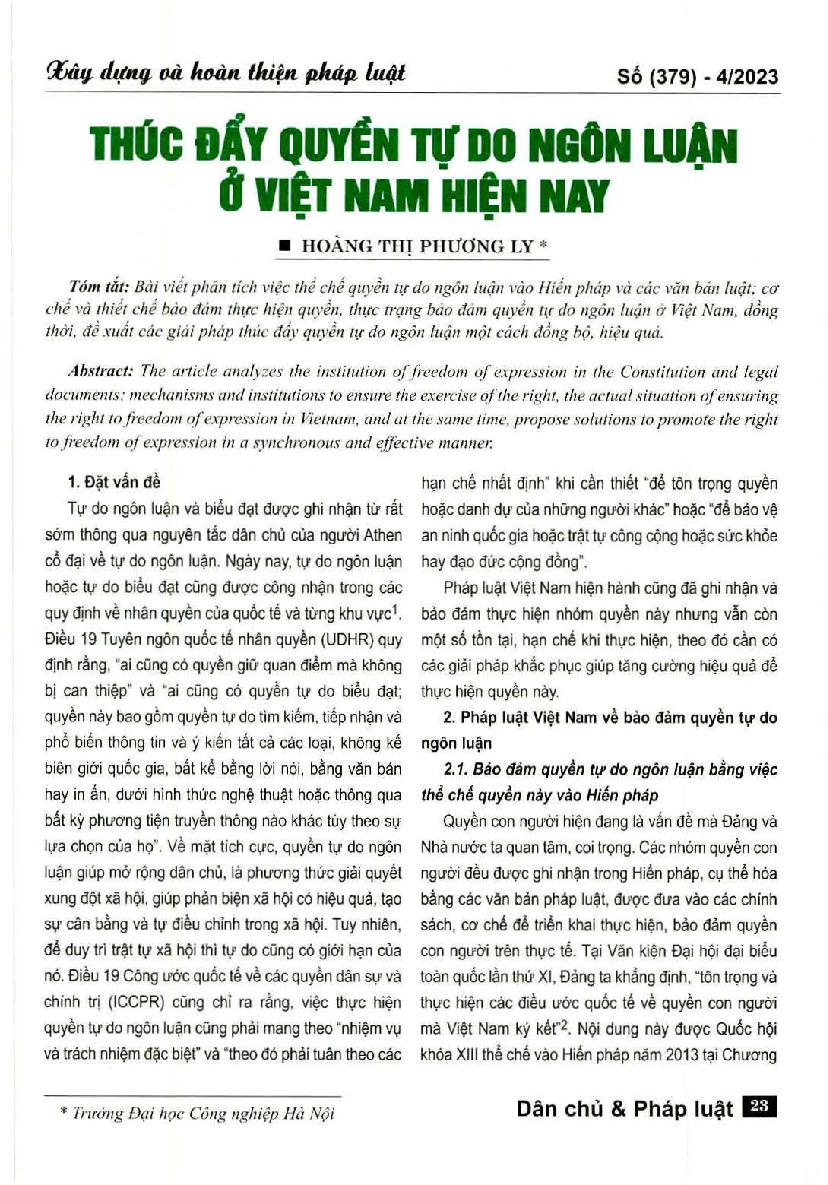 Thúc đẩy quyền tự do ngôn luận ở Việt Nam hiện nay